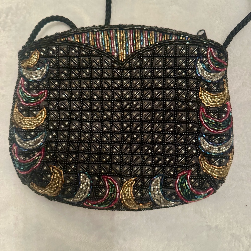 Vintage Beaded Evening Bag Black Multicolor Crescent Lattice Purse Made in Macau